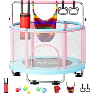 FitinOne Mini trampolino da 140 cm per bambini piccoli, giocattoli per interni ed esterni con altalena, trampolino per bambini da 199,6 kg, barra per ginnastica, regali di compleanno per ragazzo e