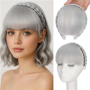 S-noilite Fascia con frangia, fascia per parrucche con frangia anteriore, fascia sintetica intrecciata, parrucca con extension per capelli per donne e ragazzeGrigio argento
