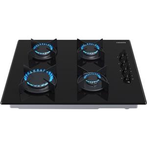 Arebos piano cottura a gas 60 cm 4 fuochi | Vetro temperato | Da incasso con supporti in ghisa | Compatibile con gas naturale e GPL | Dispositivo di sicurezza integrato