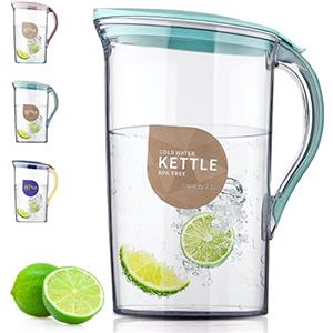 Berglander Brocca d'acqua porta frigorifero con coperchio 2.1L con 4 tazze perfette per preparare tè, succo e bevande fredde, Caraffa in fibra di vetro trasparente BPA free