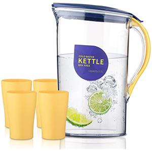 Berglander Brocca d'acqua porta frigorifero con coperchio 2.1L con 4 tazze perfette per preparare tè, succo e bevande fredde, caraffa in fibra di vetro trasparente BPA free