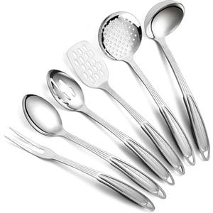 Berglander Set di utensili da cucina in acciaio inossidabile 6 pezzi, gadget da cucina includono set di spatole in metallo, schiumatoio, mestolo, cucchiaio da portata, schiumarola, forchetta