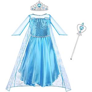 Vicloon Elsa Costume Ragazze Principessa, 3 PCs Principessa Elsa Costume, Vestito da Festa di Compleanno, Elsa Vestito Set da Principessa Corona e Bacchetta, Cosplay Party Halloween-150