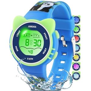 Juboos Orologio Bambina,con Cinturino Stampato e 7 Luci Colorate,Orologio Digitale Impermeabile per Bambini con Orecchie da Gatto per Ragazzo e Ragazza da 4 a 12 Anni (blu)