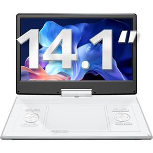 YOTON Lettore DVD portatile 16.9 con schermo rotabile HD 14.1, autonomia 4-6 ore, memoria intelligente, supporta USB/SD/CD, ideale per auto e viaggi (bianco)