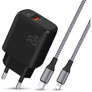 LUOSIKE Caricatore per iPhone, Cavo Intrecciato in Nylon Lightning da 2m con Alimentatore USB C da 20W, Caricabatterie Rapido con Tipo C e A Compatibile con iPhone 14/13/12/11/Pro/Max/SE/XR/X/8