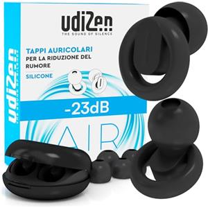 Udivita Tappi per Orecchie Antirumore Insonorizzanti per Viaggiare Dormire Studiare -23dB UdiZen Air - 1 Paio Inserti Auricolari Riutilizzabili Ergonomici SNR 23dB Riduzione Rumore Colore Nero con Custodia