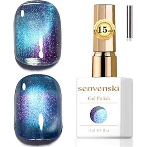 Senvenski Gelatina Vetro Cat Eye Smalto Semipermanente, 15ML Occhi di Gatto Magnetica per Gel Unghie Kit Olografico Glitterato Cristallo Smalti Unghie Salon Home DIY (Aurora Blu, MY1-037)