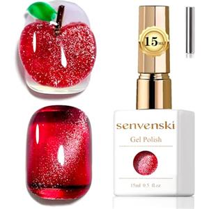 Senvenski Gelatina Vetro Cat Eye Smalto Semipermanente, 15ML Occhi di Gatto Magnetica per Gel Unghie Kit Olografico Glitterato Cristallo Smalti Unghie Salon Home DIY (Vino Rosso, 0.5fl oz)