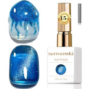 Senvenski Gelatina Vetro Cat Eye Smalto Semipermanente, 15ML Occhi di Gatto Magnetica per Gel Unghie Kit Olografico Glitterato Cristallo Smalti Unghie Salon Home DIY (Blu Cielo, MY1-036)