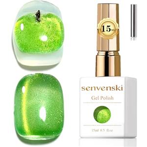Senvenski Gelatina Vetro Cat Eye Smalto Semipermanente, 15ML Occhi di Gatto Magnetica per Gel Unghie Kit Olografico Glitterato Cristallo Smalti Unghie Salon Home DIY (Mela Verde, MY1-030)