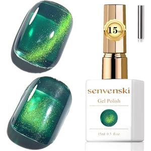 Senvenski Gelatina Vetro Cat Eye Smalto Semipermanente, 15ML Occhi di Gatto Magnetica per Gel Unghie Kit Olografico Glitterato Cristallo Smalti Unghie Salon Home DIY (Verde Smeraldo, 0.5fl oz)
