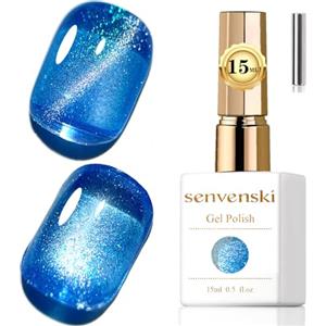 Senvenski Gelatina Vetro Cat Eye Smalto Semipermanente, 15ML Occhi di Gatto Magnetica per Gel Unghie Kit Olografico Glitterato Cristallo Smalti Unghie Salon Home DIY (Blu Oceano, MY1-032)