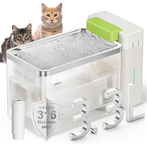 PuraLuce A3Lite Fontanella per Gatti Acciaio 3.3L, Disco in Acciaio 316, Filtrazione Tripla, Ultra Silenziosa (≤20dB), Modalità Touch Cascata/Energia, Avviso di Mancanza d'Acqua -Bianco