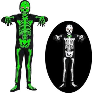 SaiXuan Costume Scheletro Bambino Luminoso, Costume Halloween Bambino Glow in the Dark con Tuta Intera, Cappuccio, Guanti e Copripiedi, Vestito Scheletro 6-12 Anni Unisex per Feste e Cosplay