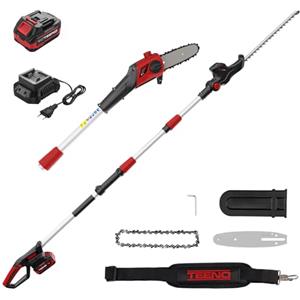 TEENO Tagliasiepi Elettrico,2 in 1 Tagliasiepi Estensibile e Motosega,Batteria 20V 4000mAh Inclusa,Impugnatura Principale Regolabile,Testa Inclinabile, Motore Brushless da 42 cm,Tracolla in Dotazione