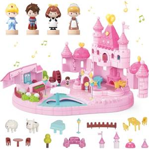 fygurso Casa delle Bambole Castello della Principessa con 2 Piccole Figure Mobili Controllate Magneticamente, Giocattolo da Sogno con Luce e Musica per Gioco di Ruolo, Regalo (Rosa)