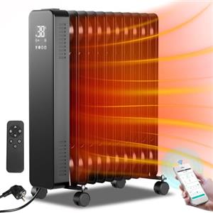 Fiqops Radiatore ad olio da 2500 W, a risparmio energetico, con 11 nervature, 3 livelli di riscaldamento, termostato, app e telecomando WiFi, display digitale, riscaldamento elettrico, protezione da