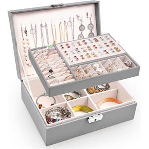 Larkumio Portagioie Donna Ragazza, Grande Porta Gioielli Bambina in Pelle PU a 2 Strati Scatole Portagioielli Cofanetto per Collane, Orecchini, Bracciali (Grigio)