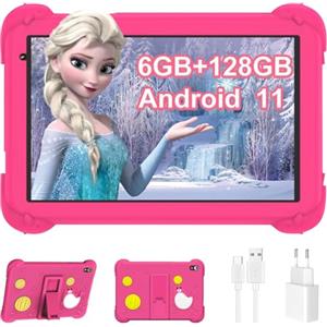 YOBWOK Tablet per Bambini 8 Pollici,Android 11 Wifi Bluetooth,6GB RAM 128GB ROM 1280x800 HD,Controllo Parentale Giochi Educativi Doppia Fotocamera Tablet Bambini 3 6 8 10 anni con Custodia,Rosa