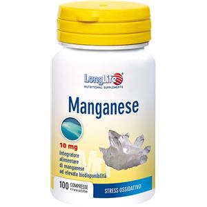 LongLife Manganese 10 mg - Integratore Antiossidante per Salute delle Ossa e Tessuto Connettivo, 100 Compresse, Adatto a Vegetariani e Vegani