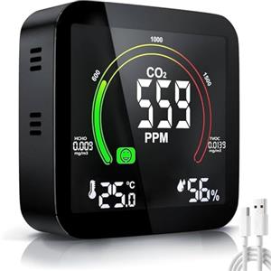 focombance Rivelatore CO2 Monitor Rilevatore Gas 5 in 1, focombance Igrometro Umidità Casa Termometro Ambiente Con Rilevatore Fumo Sensore CO2 HCHO TVOC Misuratore di Temperatura e Umidità Monitor