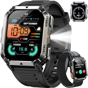 IOWODO Smartwatch Uomo Militare 2.01" con Chiamate Bluetooth, Batteria 900mAh, Torcia LED, Bussola, IP68 Impermeabile, Monitoraggio Cuore/Ossigeno nel Sangue/Sonno, 123 Modalità Sportive, 2 Cinturini