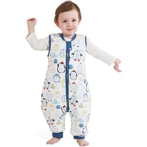 MIKAFEN Bambini Sacco nanna invernale con gambe 2,5 Tog,100% cotone,Sacco nanna con piedini,75-85 cm/6-18 mesi,Pinguino blu