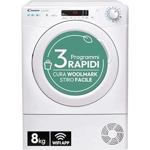 Candy Smart Pro CSOE H8A2DE-S Asciugatrice a Pompa di Calore, 8 kg, Carica Frontale, Programma Stiro Facile, Connettività NFC, Libera Installazione, 59,6x58,5x85 cm, Bianco, Classe A ++