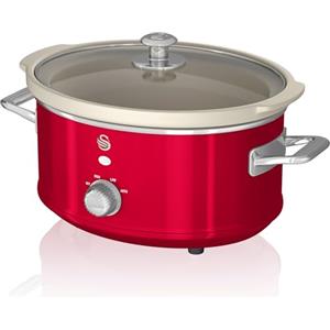 Swan Retro SF17021RNEU - Pentola per cottura lenta, 3,5 l, rimovibile, antiaderente in ceramica libera PFOA e PTFE, 3 livelli di temperatura, coperchio in vetro, Slow Cooker, design vintage, rosso