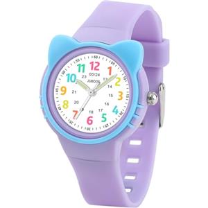 Juboos Orologio analogico per bambini e bambine, impermeabile fino a 3 atm, con gatto, facile da leggere, Viola, orologio gatto bambini (Viola)
