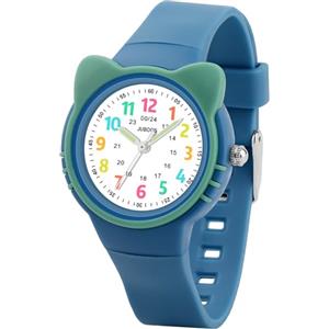 Juboos Orologio analogico per bambini e bambine, impermeabile fino a 3 atm, con gatto, facile da leggere, Viola, orologio gatto bambini (Blu)