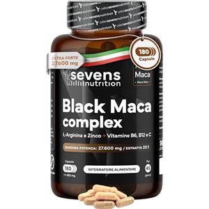 SEVENS NUTRITION Maca Peruviana - 180 Capsule Vegane - Maca Nera Extra Forte 27 600 mg - Alto Dosaggio con L-Arginina, Zinco e Vitamine B6, B12 e C - Estratto Puro 20:1 - Aumenta l'Energia e la Vitalità - Sevens