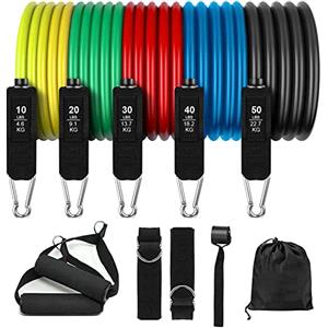 HAPPTWS Elastici Fitness Set 5 Resistance Band 150LB Ancore Maniglie Passanti per Piedi Corda,Saltare,Allenamento Forza Costruzione muscolare Pilates,giallo,verde,rosso,blu,nero,‎20.5x16x12 cm