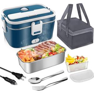 VIYSPNV Scaldavivande Elettrico Portatile, 120W 1.8L Portavivande Termico, 3 in 1(12V/24V/240V) Porta Pranzo Termico per Auto Camion e Ufficio Lunch Box Elettrico con Forchetta Cucchiaio e Borsa