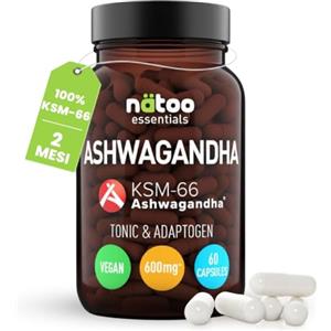 NÄTOO Bio Ashwagandha Ksm-66 Aiuta ad Abbassare il Cortisolo 60 Capsule Vegetali con Withania Somnifera 600 Mg per Dose Integratore Ashwagandha Pura (Ginseng Indiano), Qualità Premium KSM 66, Vegano