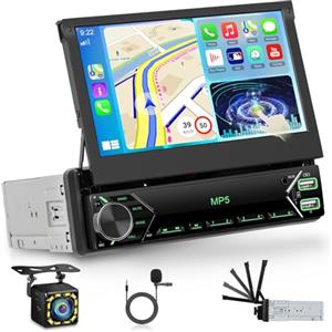 ETLFUCyber Autoradio 1 Din con Schermo a Scomparsa con Wirelesss Carplay e Android Auto, Autoradio da 7 pollici con Bluetooth 5.0/EQ/Mirror Link/FM/USB/SWC+Backup Camera+Mic