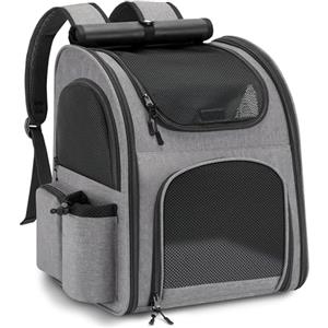 Quirlig Zaino per Cani Gatti, Grande Zaino Gatto Cane 10 kg, Traspirante Zaino Porta Cane Gatto con Finestra a Rete, Zaino Trasportino Cani Gatto con Guinzaglio Interno e Tappetino per Viaggi - Grigio