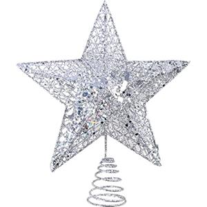KEYIDO Argento Stella Puntale Albero Natale Luminosa Metallo Punta Albero di Natale Christmas Decorazione Tree Topper Xmas Star 20 x 25 cm