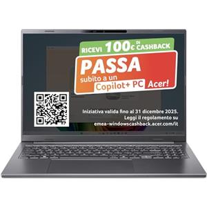 acer Aspire 16 AI Laptop | Display 16" WUXGA+ OLED | Processore Intel Core Ultra 7-256V | 16 GB RAM | 512 GB SSD | Copilot+ PC | Windows 11 | QWERTY | PC Portatile IA