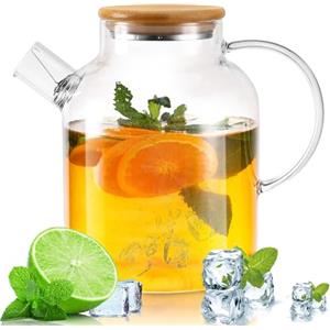 Kasanni Teiera In Vetro 1.8 L Copertura In Legno Con Filtro Resistente Al Freddo e ai Calore, a Prova di Esplosione Teiera Vetro Borosilicato Adatto Per Tè, Tisane Profumate e Bevande Alla Frutta