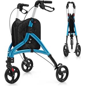 COSTWAY Deambulatore per Anziani in Alluminio Ultraleggero a 3 Ruote, Rollator per Anziani Pieghevole e Regolabile in 6 Livelli 86-96 cm con Borsa e Ruote Bloccabili, Portata 136 kg (Blu)
