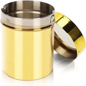 plplaaoo Spargitore per zucchero a velo con coperchio, in acciaio inox resistente alla ruggine, oro a maglia fine, spargitore di cacao, dispenser di zucchero, per colino, cacao, cannella, z