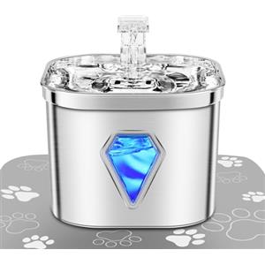 EUARY Fontana per Gatti in Acciaio Inox con Luce LED, 2,5 L, Ultra Silenziosa, Alimentato via USB,Fontana d'Acqua e Carbone Attivo, Filtrazione a 5 Livelli (Solo la fontanella, sliver)
