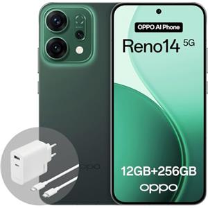 OPPO Reno14 5G 12+256GB, Smartphone Android sbloccato AI, Display 6,59 120Hz AMOLED, Fotocamera AI 50+50MP, Batteria 6000mAh, IP69, Luminous Green(Include Caricatore 80W SUPERVOOC)