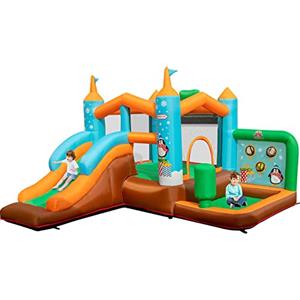 COSTWAY Castello gonfiabile per Bambini, Con Scivolo, Trampolino, Canestro da Basket e Sacco da Box, per 3 Bambini di 3-12 Anni, Con Borsa di Trasporto e Kit di Riparazione (Senza soffiatore)