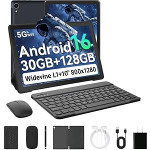 Laptok Android 16 Tablet 10 Pollici, 30GB RAM+128GB ROM, Octa Core 2.0GHz /WiFi 6+2.4G/GMS/6000mAh/Bluetooth 5.4/Widevine L1/8MP+5MP/Tablet 2 in 1 con Tastiera, Mouse, Cuffie, Penna e Custodia