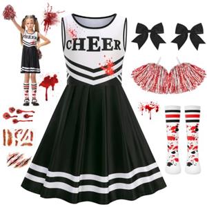 Mystery Code Vestito Halloween Bambina, Costume Zombie Cheerleader per Ragazza con Pom Poms, Calze, Tatuaggi e Capelli, Strega Costumi Halloween Diavolo Bambina Feste e Cosplay per 7-12 Anni Bambini