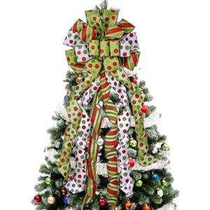 Sailup Puntale per albero di Natale, grande fiocco verde per albero di Natale, in poliestere a pois rossi e verdi, fiocchi regalo per decorazioni natalizie, casa, Ringraziamento, decorazione per interni