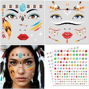 DPKOW Tatuaggio Viso Indiano con Brillantini Viso, Halloween Tatuaggi Temporanei Indiano Accessori per Costume di Halloween Trucco per Donne e Bambini Tatuaggi Finti